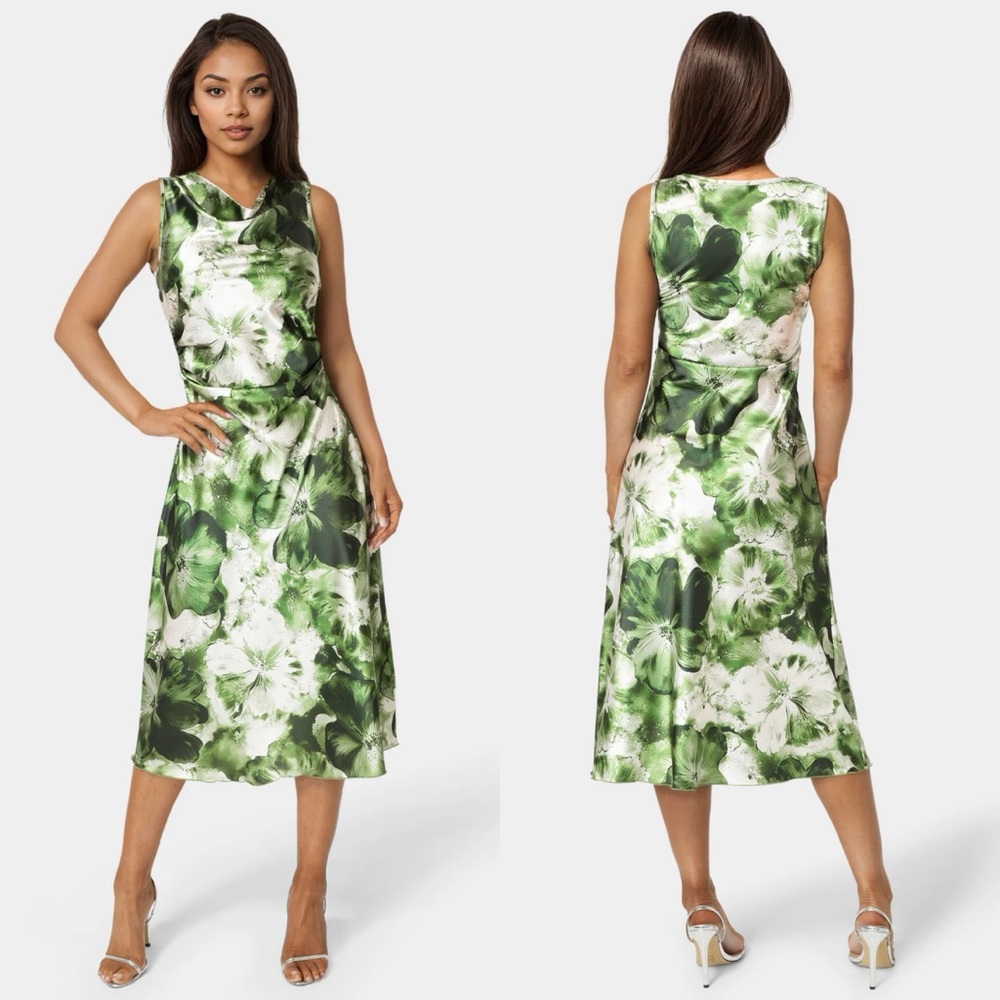 Green and White Floral Satin Midi Dress